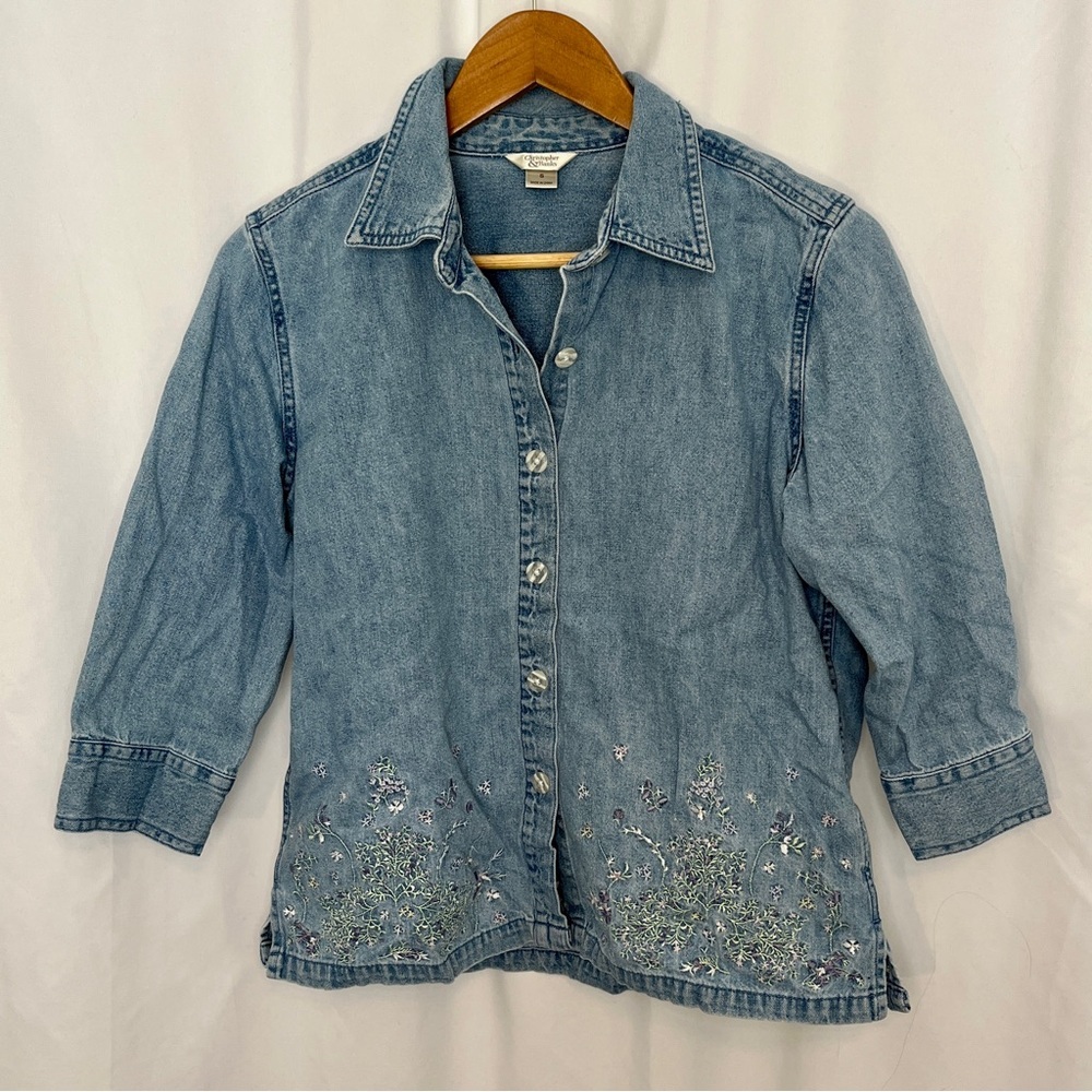 <2 for $25>Y2K Denim Floral Embroidered Shirt
